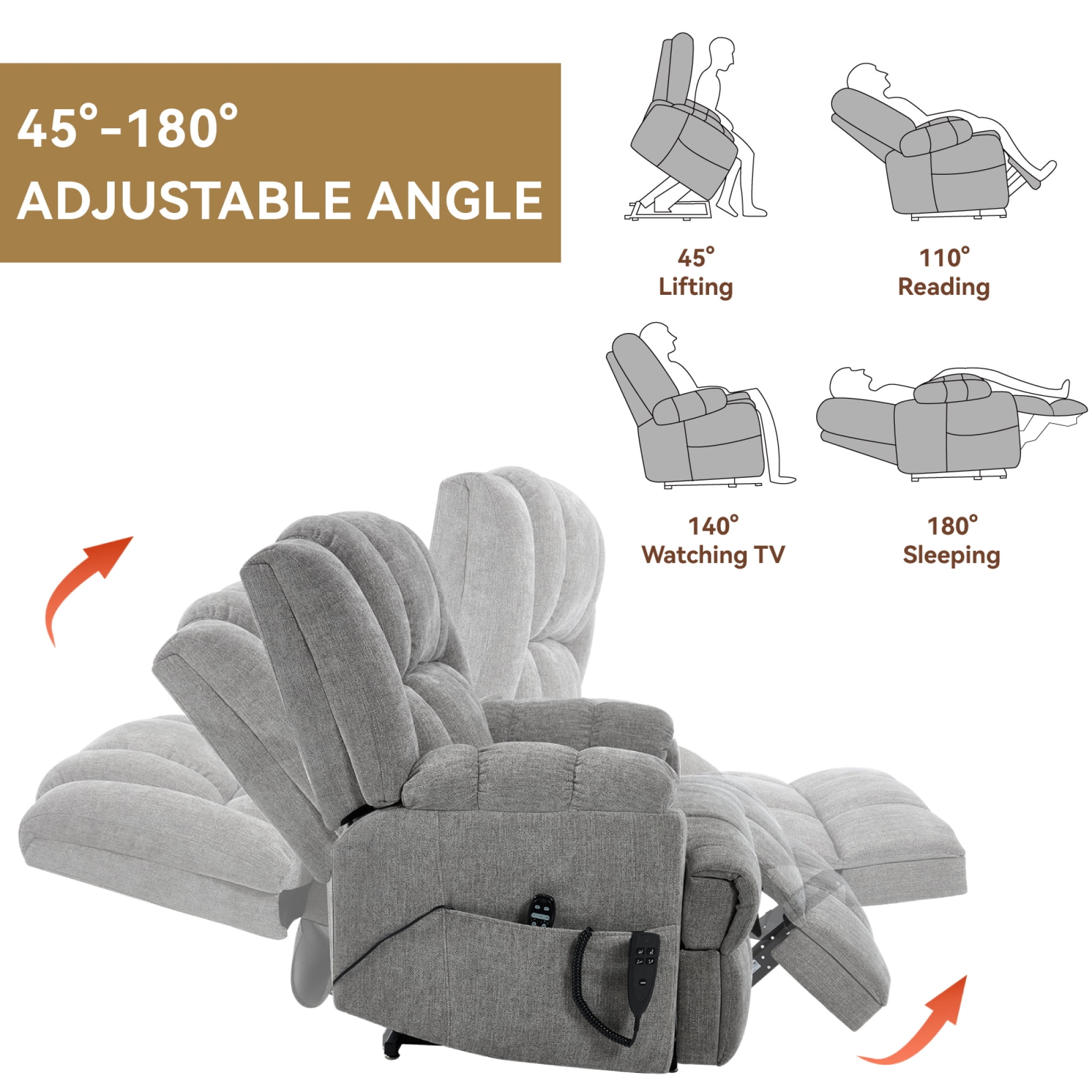 Leumius Large Power Lift Recliner Chair for Elderly,Heavy Duty Dual Motor Chenille Electric Recliners Chair with Massage and Heat for Living Room,Light Gray