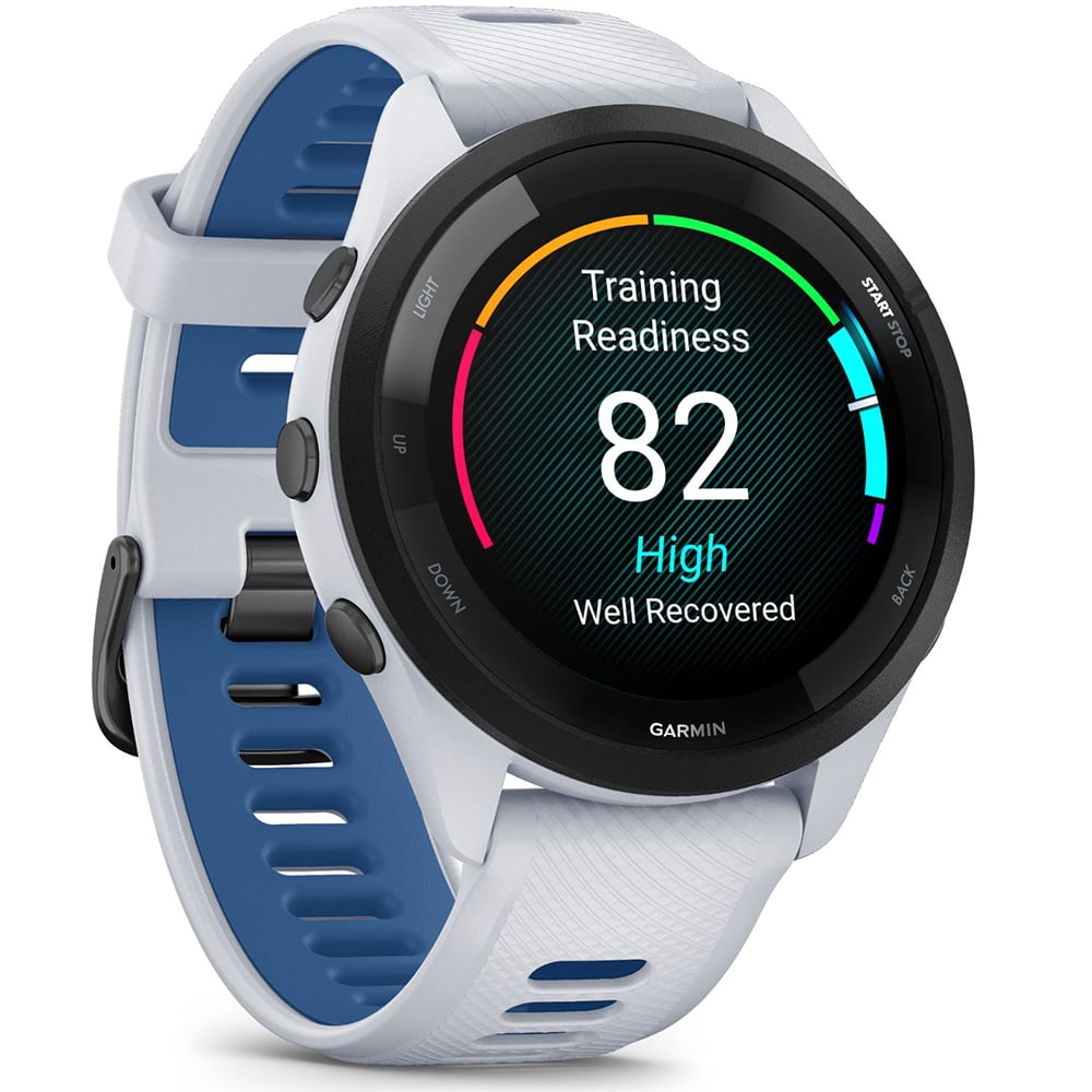 Garmin 010-02810-01 Forerunner 265 GPS Smartwatch Whitestone/Tidal Blue Bundle with Garmin Heart Rate Monitor Accurate Heart Rate & HRV Data Strap M-XL and Deco Essentials Collapsable Water Bottle