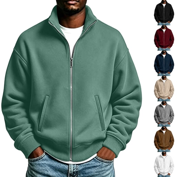 Men's Full Zip Sweatshirt Stand Collar Raglan Sleeve Casual Jacket with Pockets Relaxed Fit Long Sleeve Top for Fall Winter Daily Commute