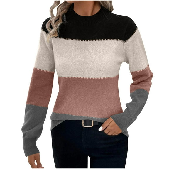Lightweight Sweaters For Women Sevevn Women's Mock Neck Color Block Long Sleeve Pullover Sweater