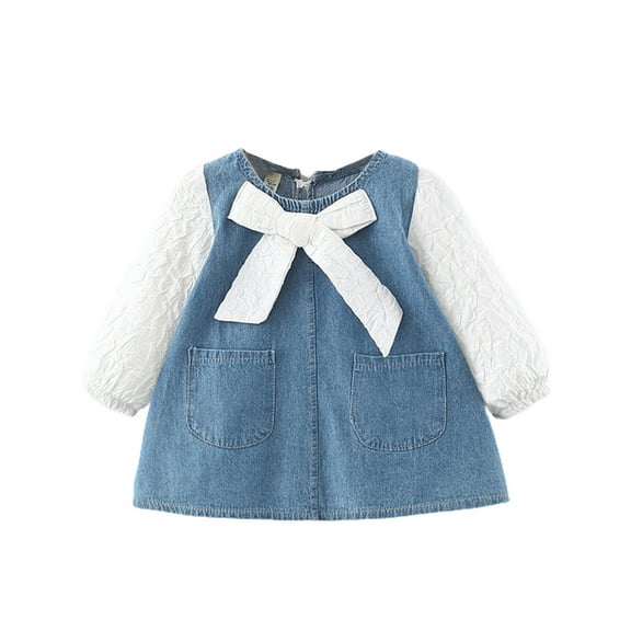 Plebaso Girls Dresses Cute Solid Color Long Sleeve Patchwork Denim Dress with Bow for Birthday Party Gift