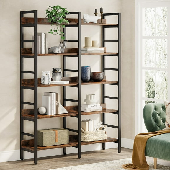 Tribesigns 5-Tier Industrial Bookshelf, Free Standing Wide Etagere Book Shelf for Storage and Display, Wood and Metal Bookshelves for Living Room, Home Office, Rustic Brown