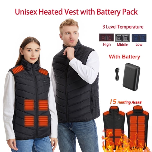 Heated Vest for Men Women with Battery Pack,15 Heating Zone USB Electric Winter Warm Windproof Waterproof Heating Vest for Outdoor Hunting Skiing Skating,Black L