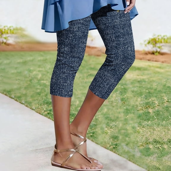 BVOFAR Capri Leggings for Women Denim Print Fake Jogging Stretchy High Waisted Cropped Pant Casual Summer Pull On Pedal Pushers Navy L