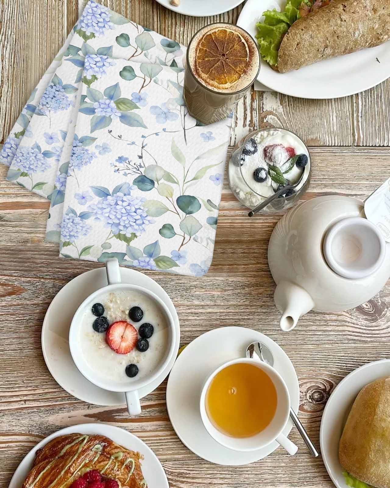 Blue Flower Kitchen Dish Towels for Drying Dishes Set of 3, Sage Green Eucalyptus Leaf Farmhouse Country Waffle Weave Microfiber Terry Hand Tea Bathroom Towels Quick Dry & Absorbent Towel 15.7x23.6