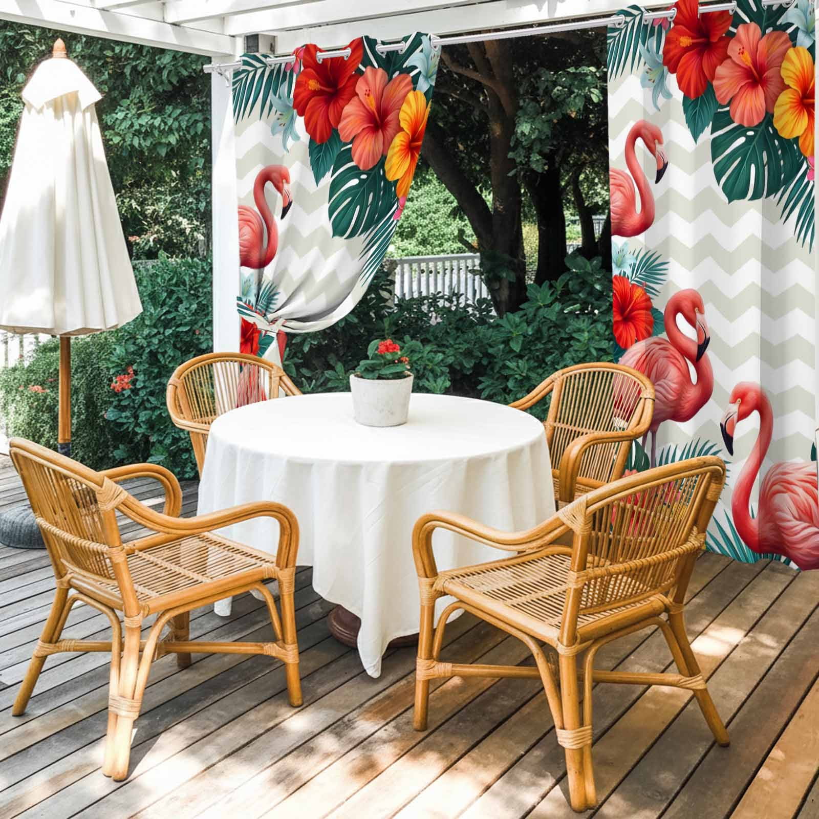 Pink Flamingos Outdoor Curtains for Patio, Summer Red Hibiscus Flower Tropical Plant Wave Stripes Sunshade Privacy Drapes Grommet Waterproof Outside Curtains for Porch Balcony 54"x108", 1 Panel