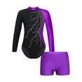thumbnail image 3 of TSSOE Girls 2Pcs Shiny Rhinestone Tracksuit Long Sleeves Leotard with Boy Short Set Unitard Biketard Purple 6, 3 of 5
