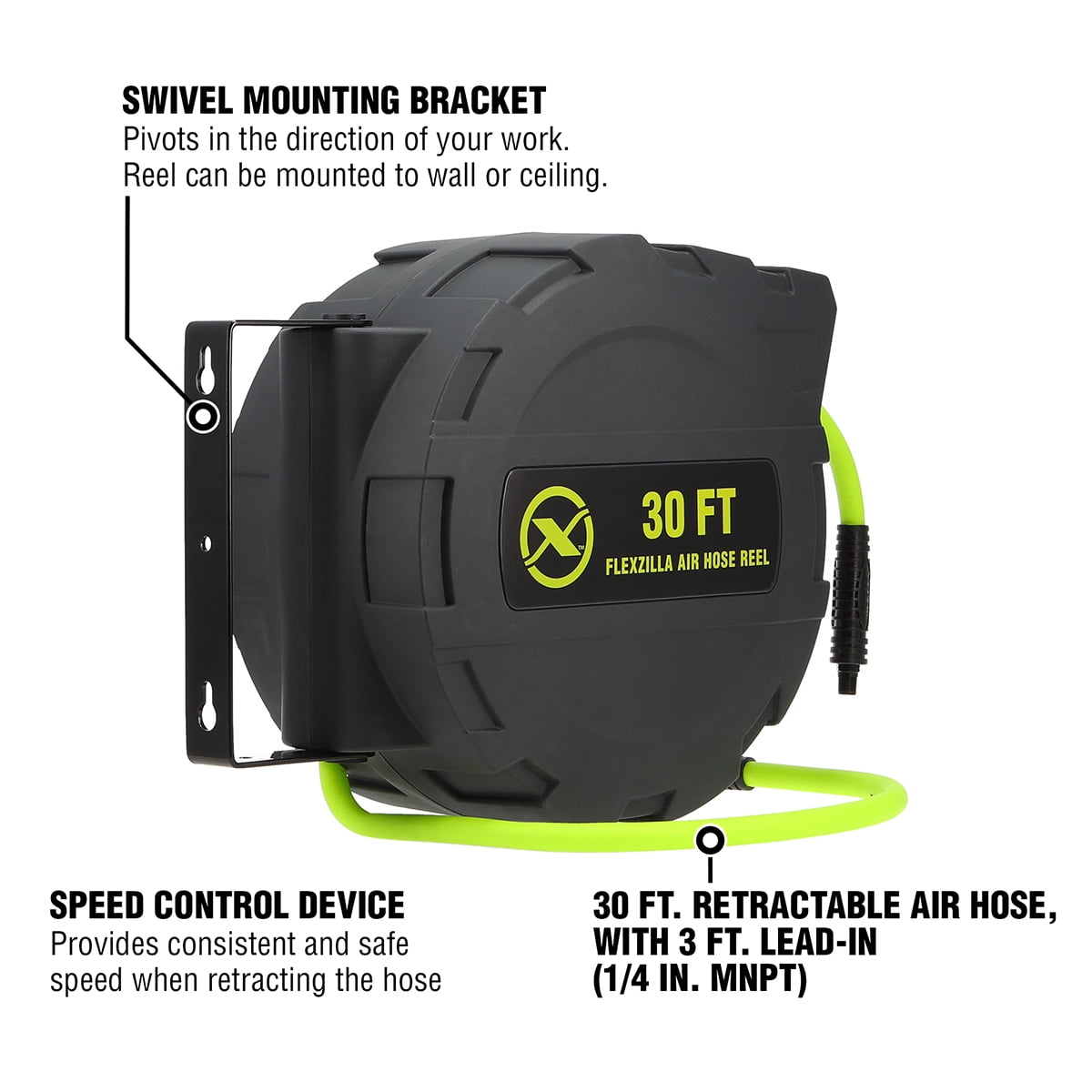 Flexzilla® Enclosed Plastic Retractable Air Hose Reel, 3/8" x 30', ZillaGreen™