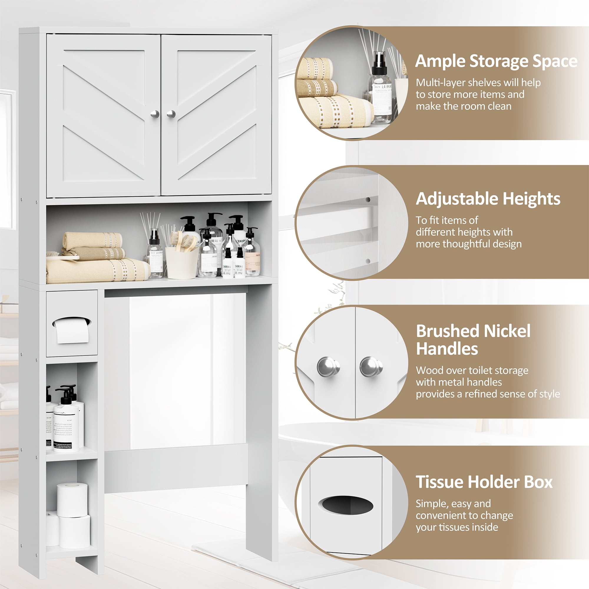 Walsunny Over the Toilet Storage Cabinet with Doors Side Storage Toilet Paper Holder Stand Space Saver Shelf Organizer Rack Freestanding for Restroom Bathroom Laundry White