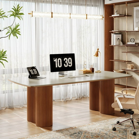 Tribesigns 79 Inch Sintered Stone Computer Desk for 1-2 People, Large Computer Desk with Solid Wood Legs, Modern Simple Computer Desk for Home Office, Natural Wood&Walnut