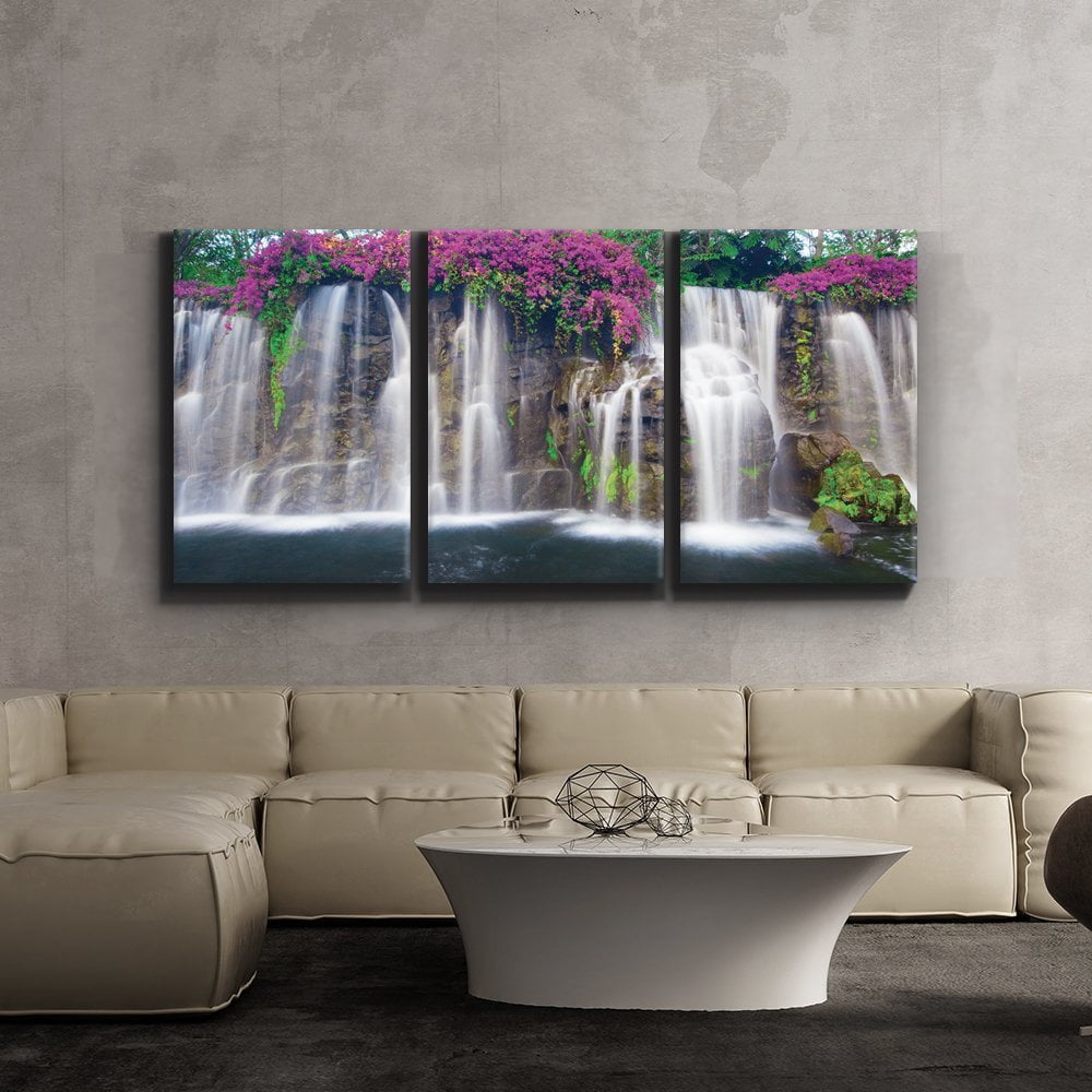3 Piece Canvas Print - Contemporary Art, Modern Wall Decor - Lush Waterfall and flowers - Giclee ...