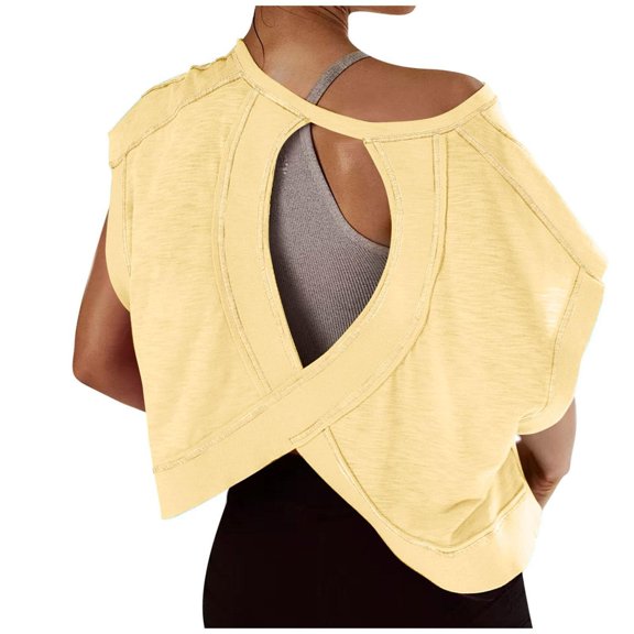 AherBiu Workout Tops for Women Hollow Back Cap Sleeve Lightweight Activewear Athletic Shirts Cropped Yoga Tees