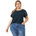 thumbnail image 4 of Women's Plus Size Tops Lace Panel Elegant Work Short Sleeve Top Dark Blue 3X, 4 of 7