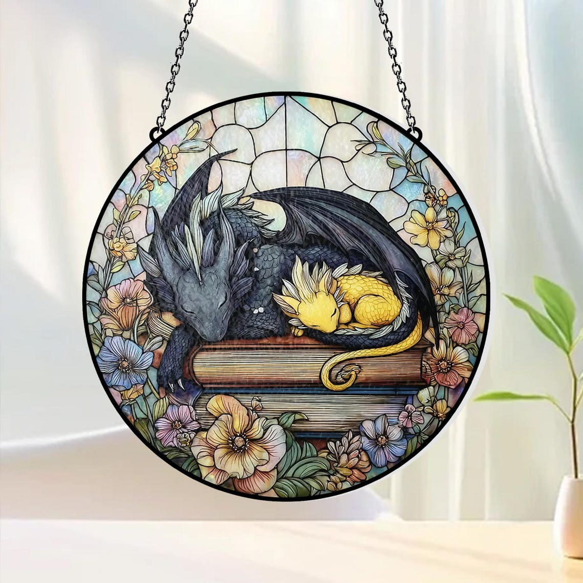 Fantasy Dragon Glass Suncatcher v5 Bookish Dragon Art Book Lover 6.3 in