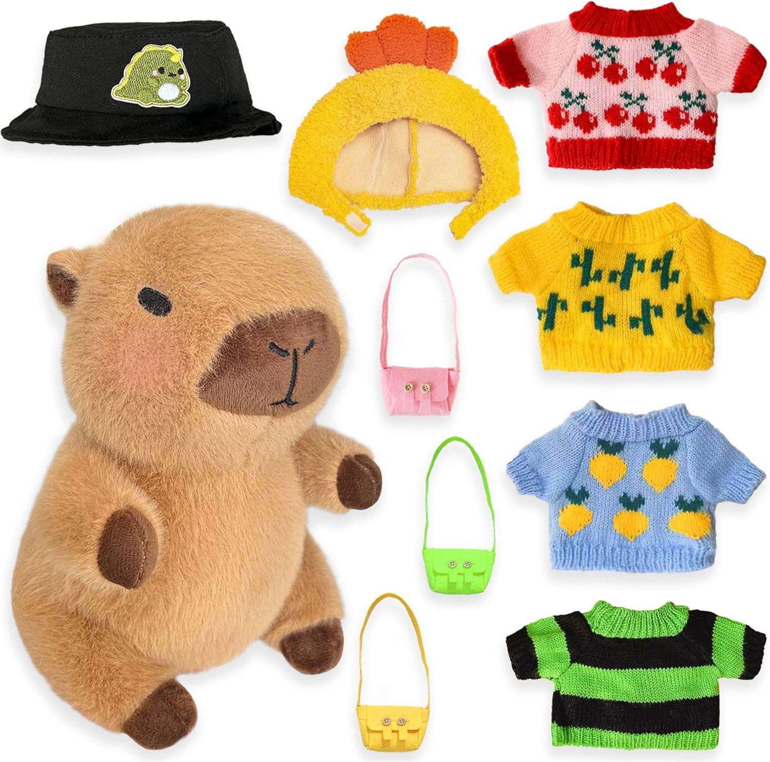 Capybara Plush with 9 pcs Clothes & Accessories, 10.2 in Cute Capybara Stuffed Animal Plush Toys, Dress Up Cute Plushies for Girls/Boys