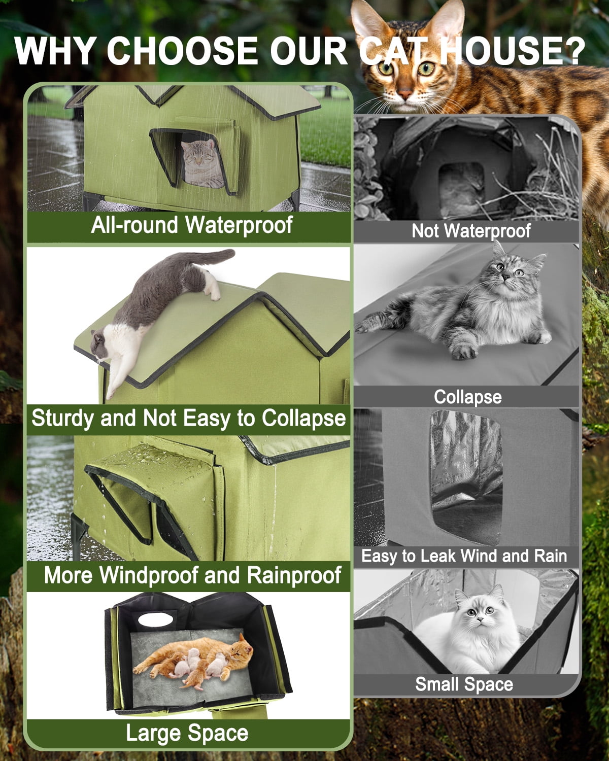 Large Outdoor Cat House Weatherproof, Elevated Feral Cat House Outdoor with a 5.9" Elevated Base, Waterproof PVC Tarpaulin roof Cat Shelter for Multiple Cats, Easy to Assemble（Green）
