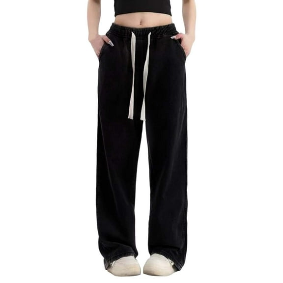 Luwomo Casual Jeans for Womens Distressed High Waisted Straight Leg Drawstring Long Wide Leg Trousers Pull On Stretch Everyday Wear Relaxed Fit Denim Pants Black,L