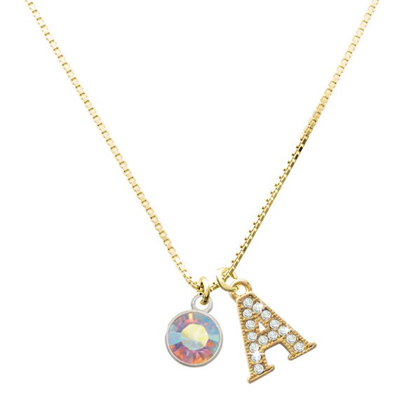 Delight Jewelry Silver-tone 10mm Clear AB Crystal Drop - Large Goldtone Crystal Initial - A - Charm Necklace, 17.5" 2"