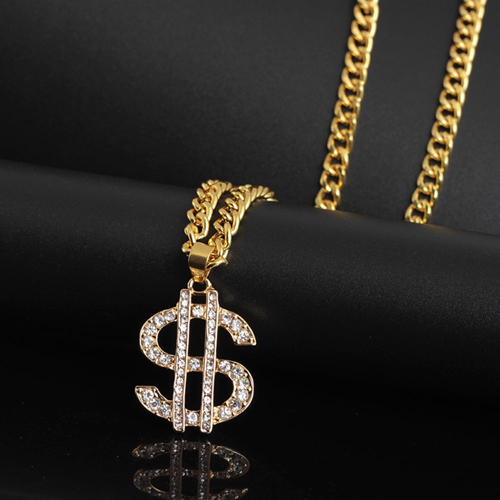 3pcs Gold USD Dollar Necklace Glasses Ring Hip Hop Cuban Chain Bling Jewelry