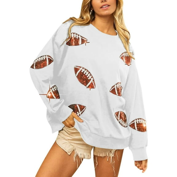Mohiass Women Sequin Football Sweatshirt Oversized Game Day Sweatshirt Rugby Fall Graphic Crewneck Pullover Tops White M