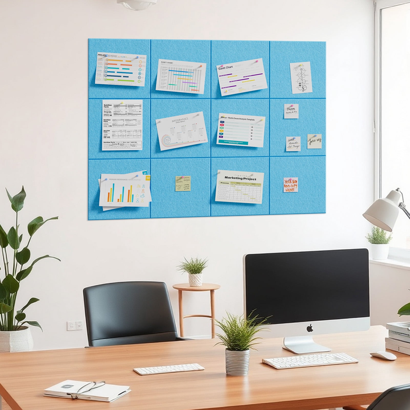 MaxGear Large Cork Board for Wall 48" x 36", 12 Pack Felt Wall Tiles with Pushpins, Blue Bulletin Board, Pin Board Tack Board for Office, Home, Decoration