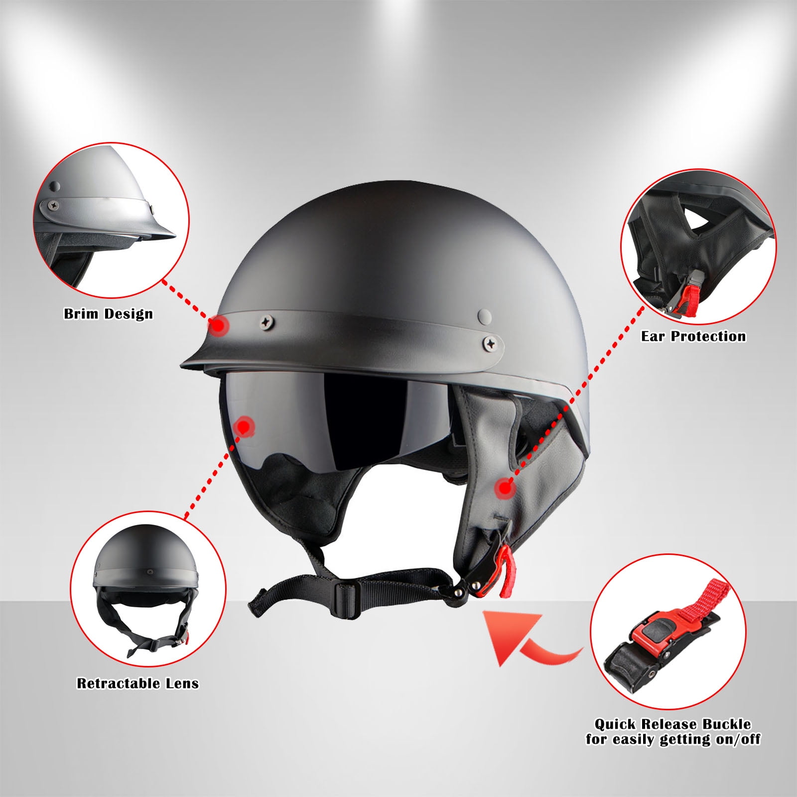 1Storm Motorcycle Half Face Helmet HKY205V Mopeds Scooter Pilot with retractable Inner Smoked Visor, Red Skull + T008 Black Tinted Goggle Bundle