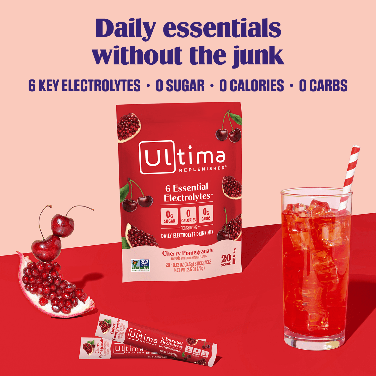 Ultima Replenisher Hydration Electrolyte Drink Mix Packets, Keto Sugar-Free Cherry Pomegranate 20 Ct