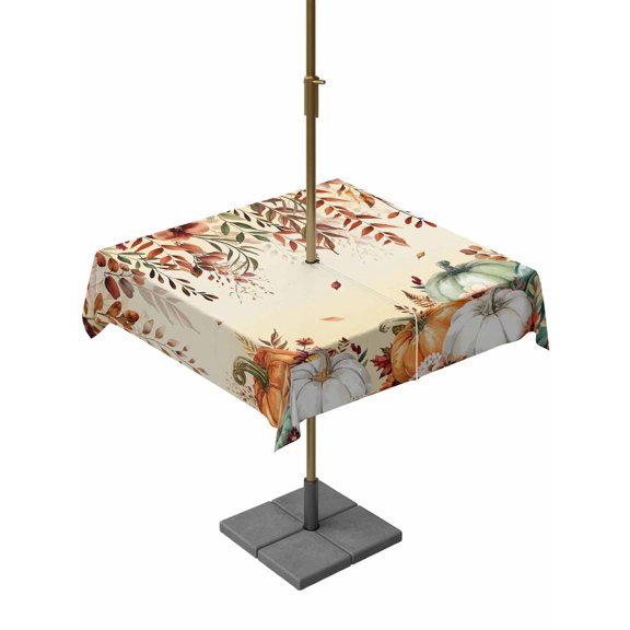 Outdoor Tablecloth with Umbrella Hole and Zipper, Orange Green Pumpkins Fall Square Table Cloth 60x60 Inch Waterproof Tablecloth, Thanksgiving Floral Botanical Picnic Table Cover for Patio Camping