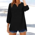 thumbnail image 2 of Lenpel Line Tops for Women Lantern 3/4 Length Sleeve V Neck Floral Embroidered Cotton T-Shirts Loose Tunic Blouses Dressy Casual Tees, 2 of 7
