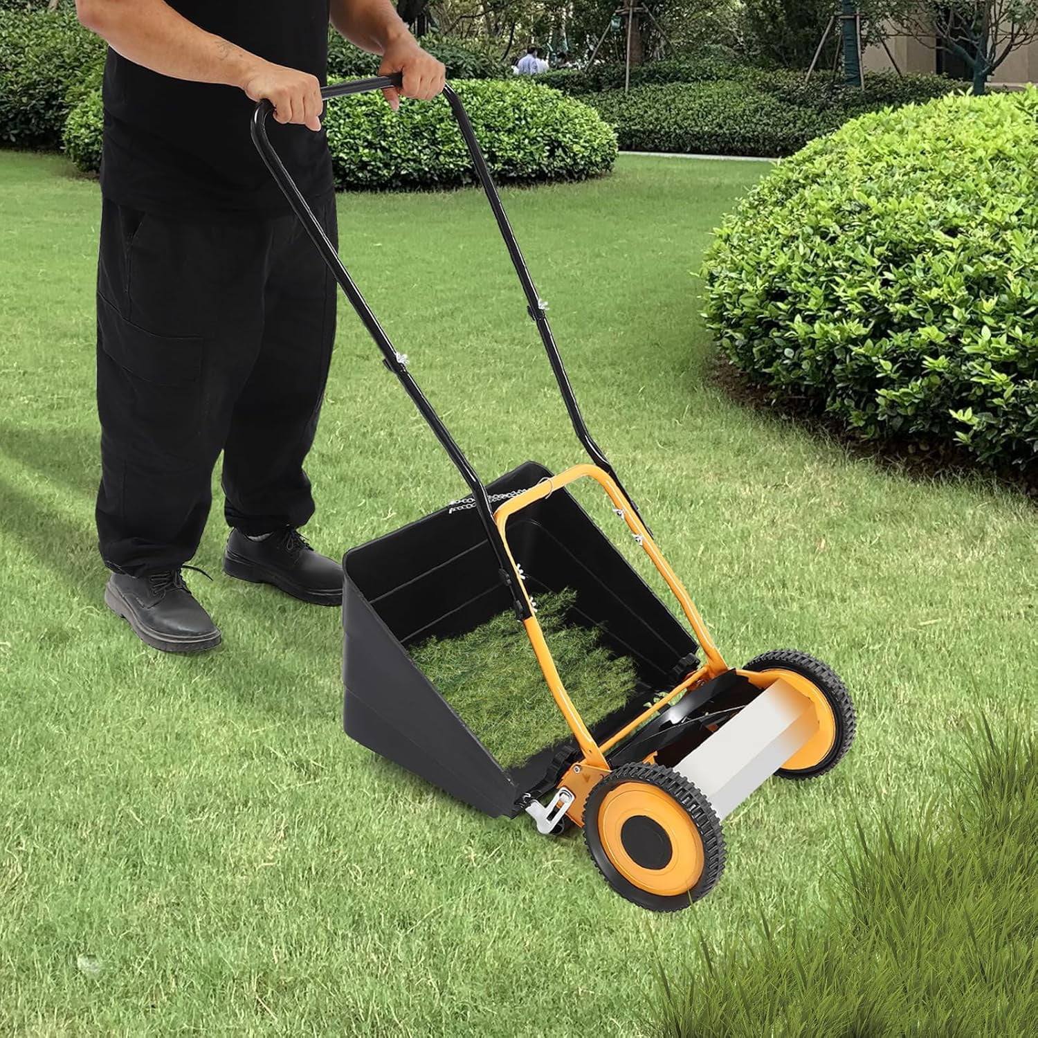 14" Manual Lawn Mower, 4-Blade Hand Push Garden Sweeper Wheeled Lawn Mower with Grass Catcher