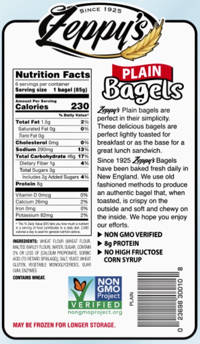 Zeppy's NON-GMO Plain Bagels, 6 count, Pre-sliced Bagels, 18 oz Bag