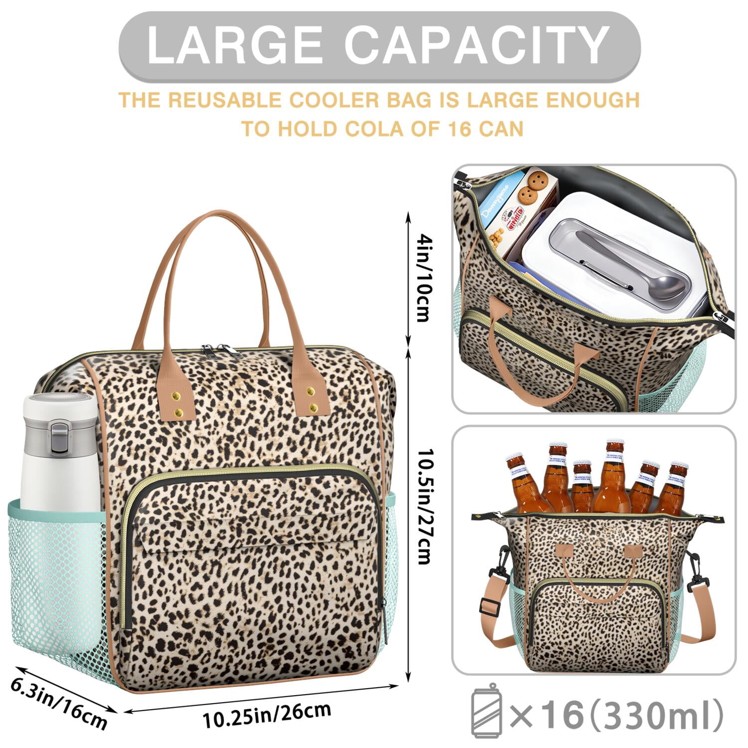 Cute Leopard Spots Insulated Lunch Bag – Reusable Cheetah Pattern Cooler Tote for Women, Leakproof Dual Compartment Design for Work, Travel