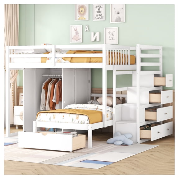 Full Wood Loft Bed with Built-in Wardrobe & Storage Shelves, LED Light, White