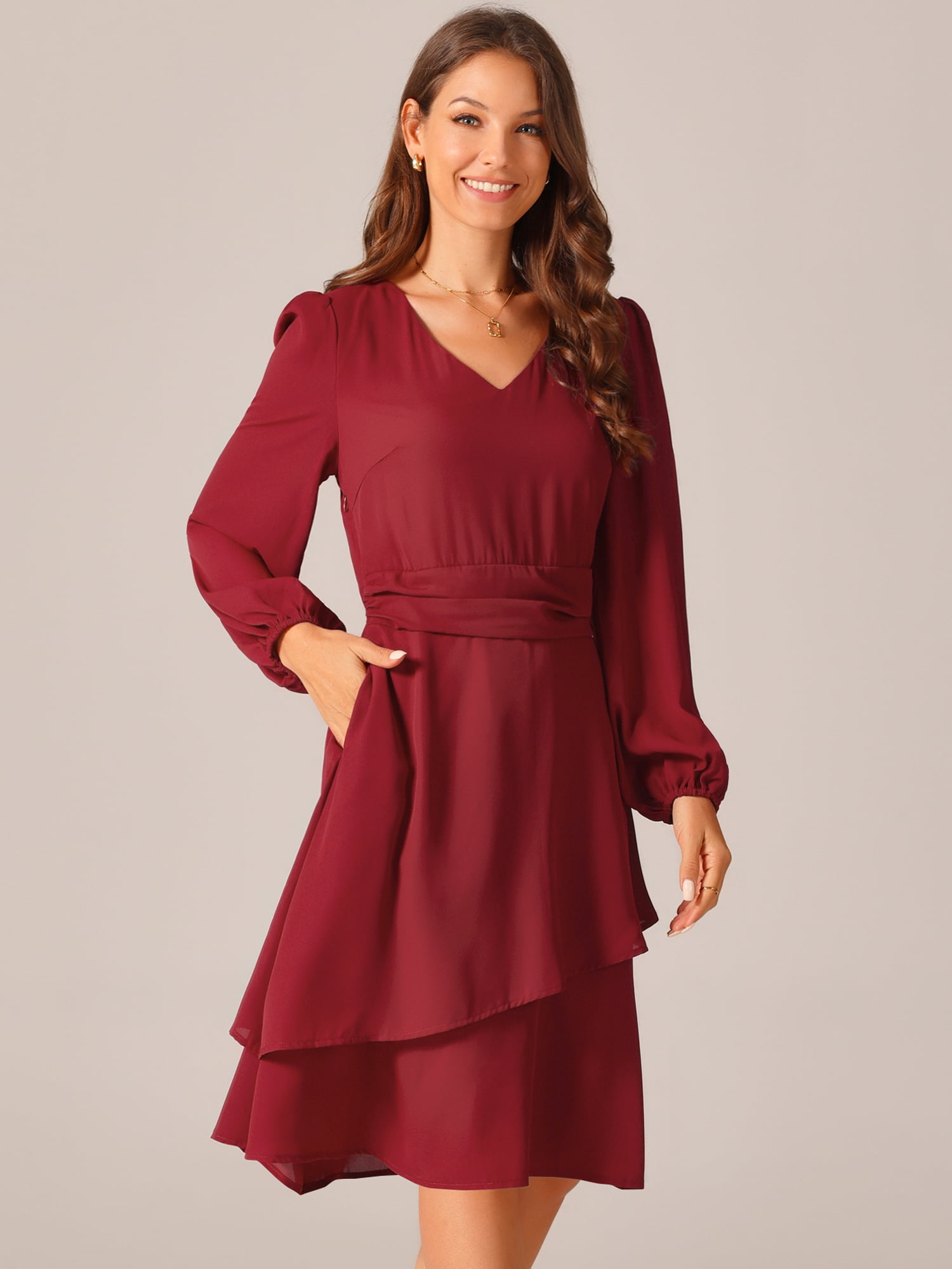 DARING DIVA Long Sleeve V Neck Dress High Waist Layered Dress S Wine Red
