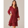 thumbnail image 2 of DARING DIVA Long Sleeve V Neck Dress High Waist Layered Dress S Wine Red, 2 of 6