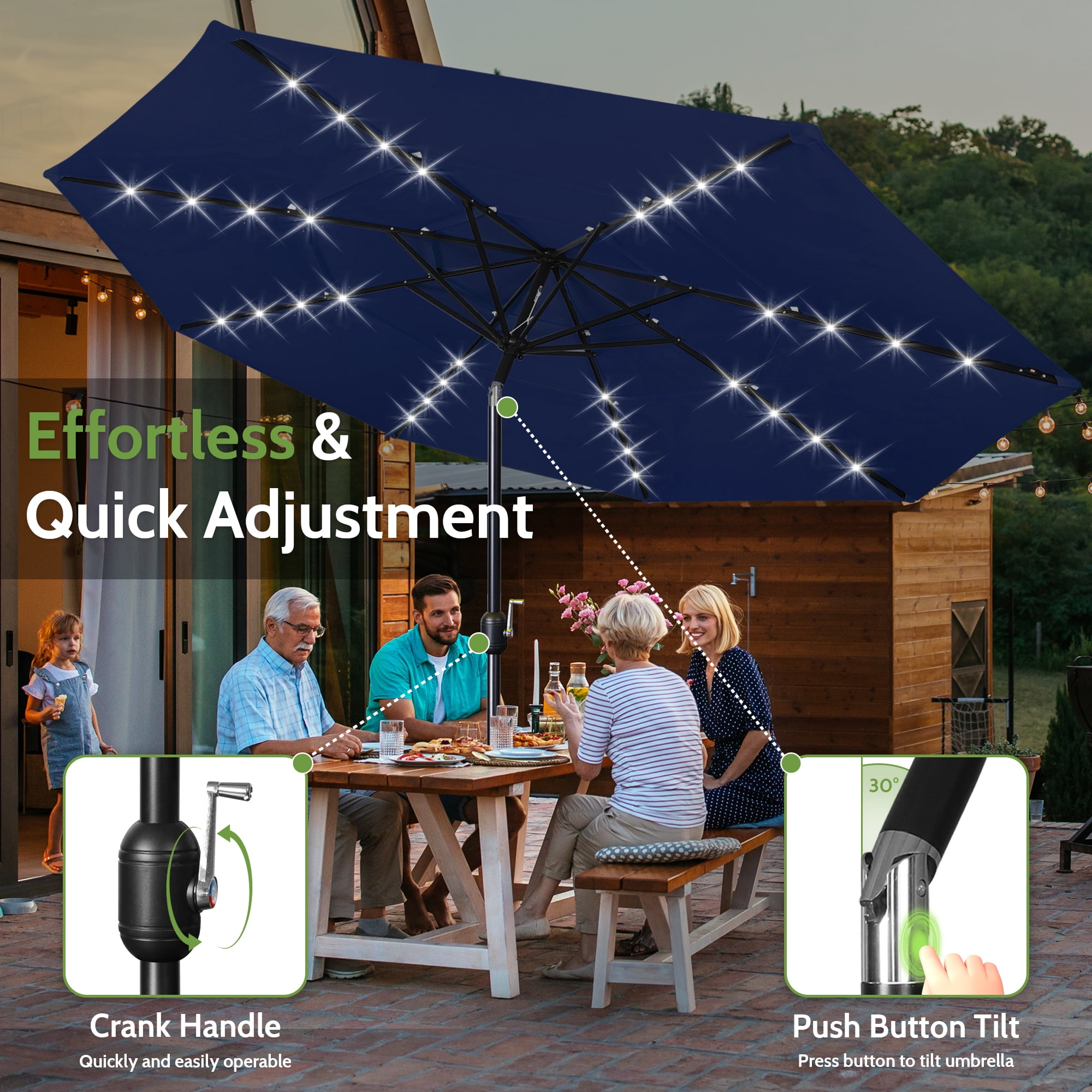 Scafild | 10ft Outdoor Patio Umbrellas with Solar Lights, 3 Tier Vented Large Market Table Umbrella with 8 Sturdy Ribs & 1.5" Pole UV Protection for Garden Deck Backyard Pool - Navy