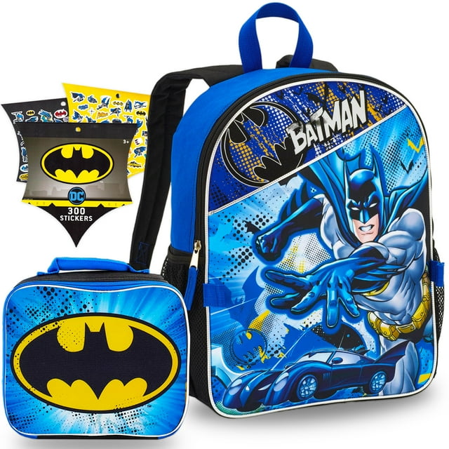 Batman) Batman Sac à Dos et Boîte à Lunch pour Garçons Enfants Ensemble 3 Pcs avec Sac à Dos Batman de Luxe 16 Pouces, Sac à Lunch Isolé Détachable, et Autocollants (Ensemble Fournitures Scolaires
