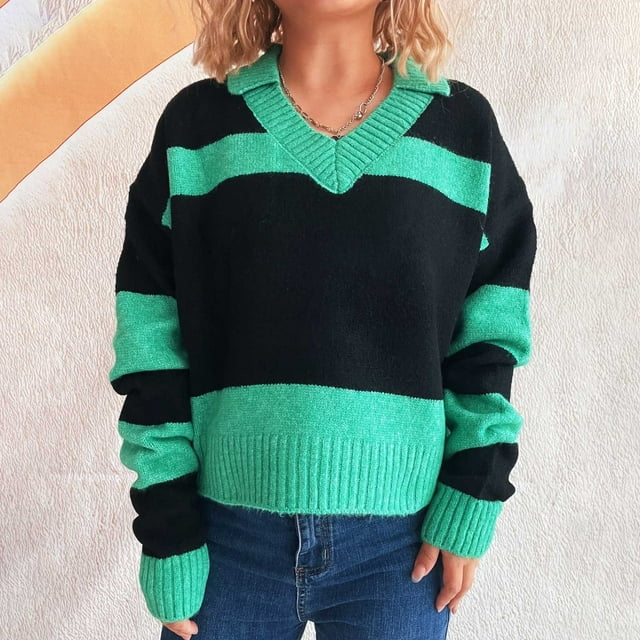 Ailaofu Womens Striped Polo Sweater Trendy Color Block Crop Tops Casual V Neck Knitted Pullover Jumper Shirts Long Sleeve