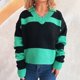 thumbnail image 1 of Ailaofu Womens Striped Polo Sweater Trendy Color Block Crop Tops Casual V Neck Knitted Pullover Jumper Shirts Long Sleeve, 1 of 4