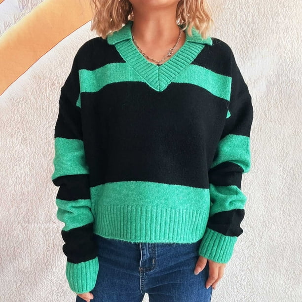 Ailaofu Womens Striped Polo Sweater Trendy Color Block Crop Tops Casual V Neck Knitted Pullover Jumper Shirts Long Sleeve