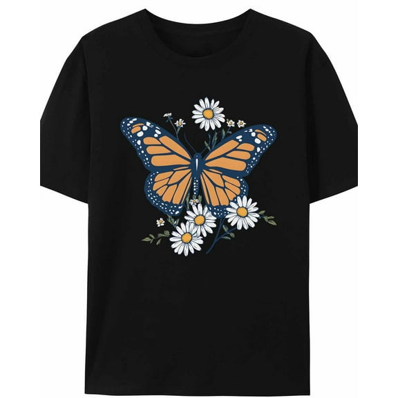Women's T-Shirt Minimalist Yellow Butterfly White Daisy Short Sleeve Casual Tee Classic Crew Neck T Shirt for Women Black, 5XL