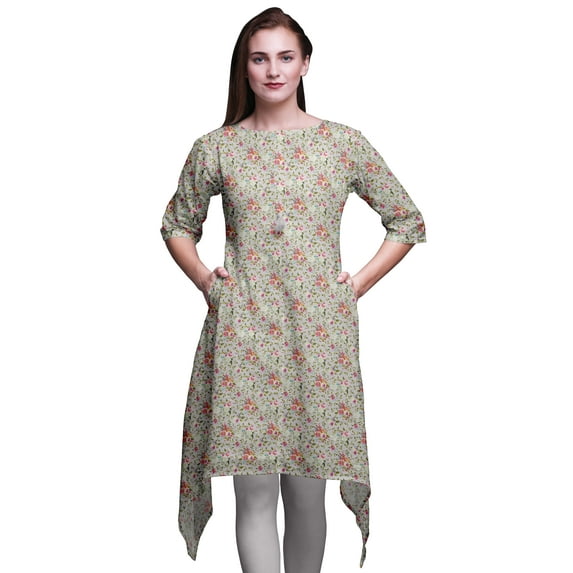 Bimba Gray Leaf Floral Indian Tunic Tops For Girls Printed Casual Top For Women Ethnic Kurti Small