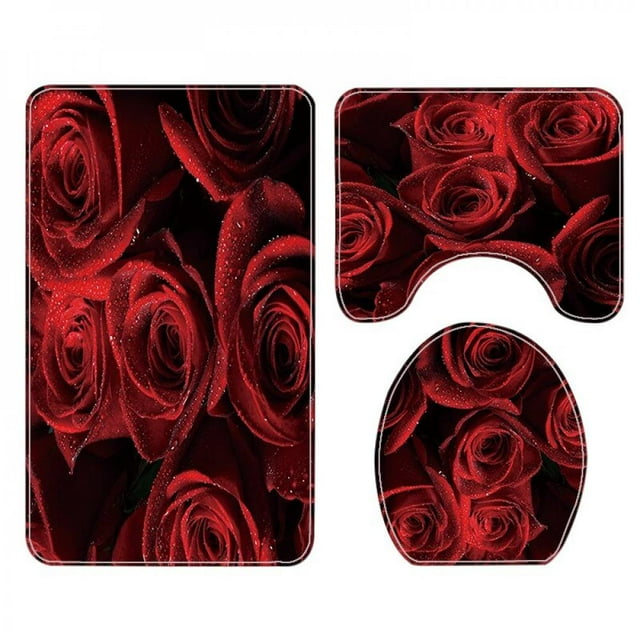 Bathroom Set Valentine‘s Day Rose Curtain Waterproof Heart Pattern Shower Bathroom Toilet Cover Mat Non-Slip Bathroom Rug Set