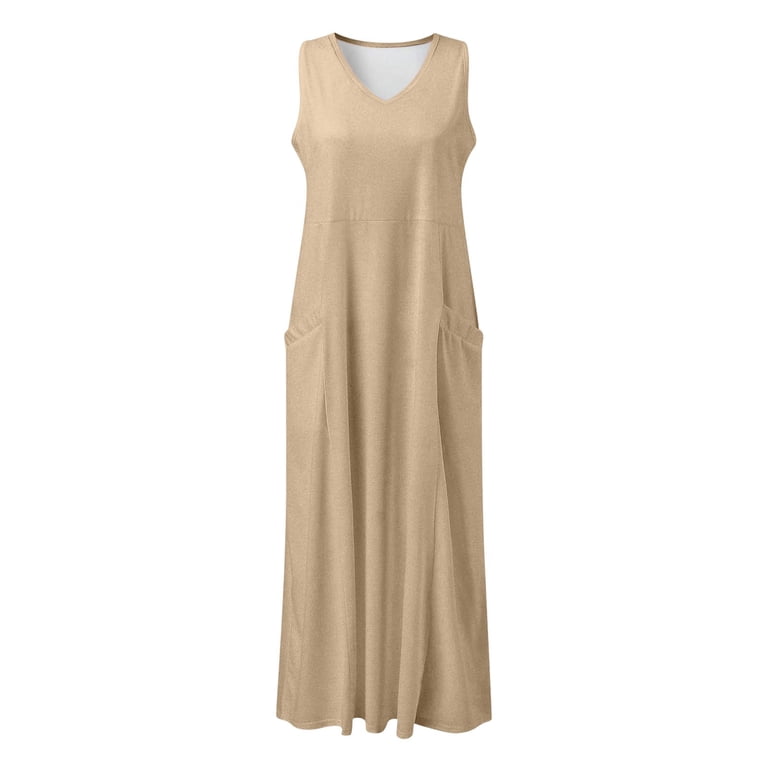 beige graduation dresses Luwomo for Women Casual Summer Sleeveless V Neck Elegant Flowy Beach With Pockets Comfortable Loose Fit Pure Color Plus Size Dress XXXXXL Crafted from soft satin What to Order | 10W Color:Custom Color (  Leave us a note the color you want ) beige graduation gown