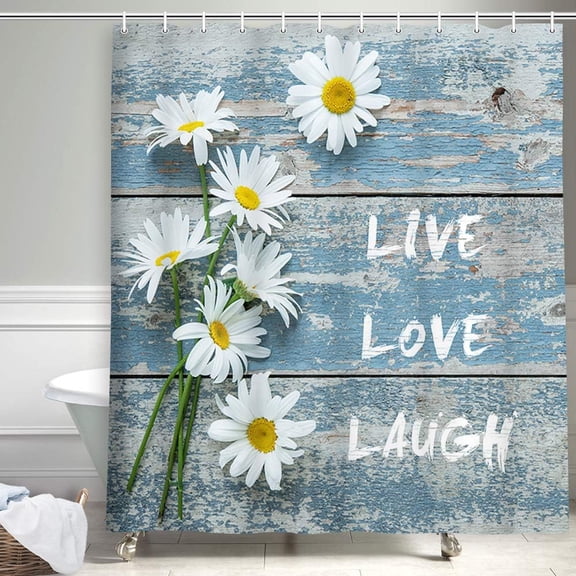 Vintage Farm Daisy Flowers Shower Curtain, White Daisy Flowers on Rustic Blue Wooden Barn with Inspirational Quotes Live Love Laugh Panels Plank Bathroom Curtains, Fabric Bath Curtain Sets, (69X70in)