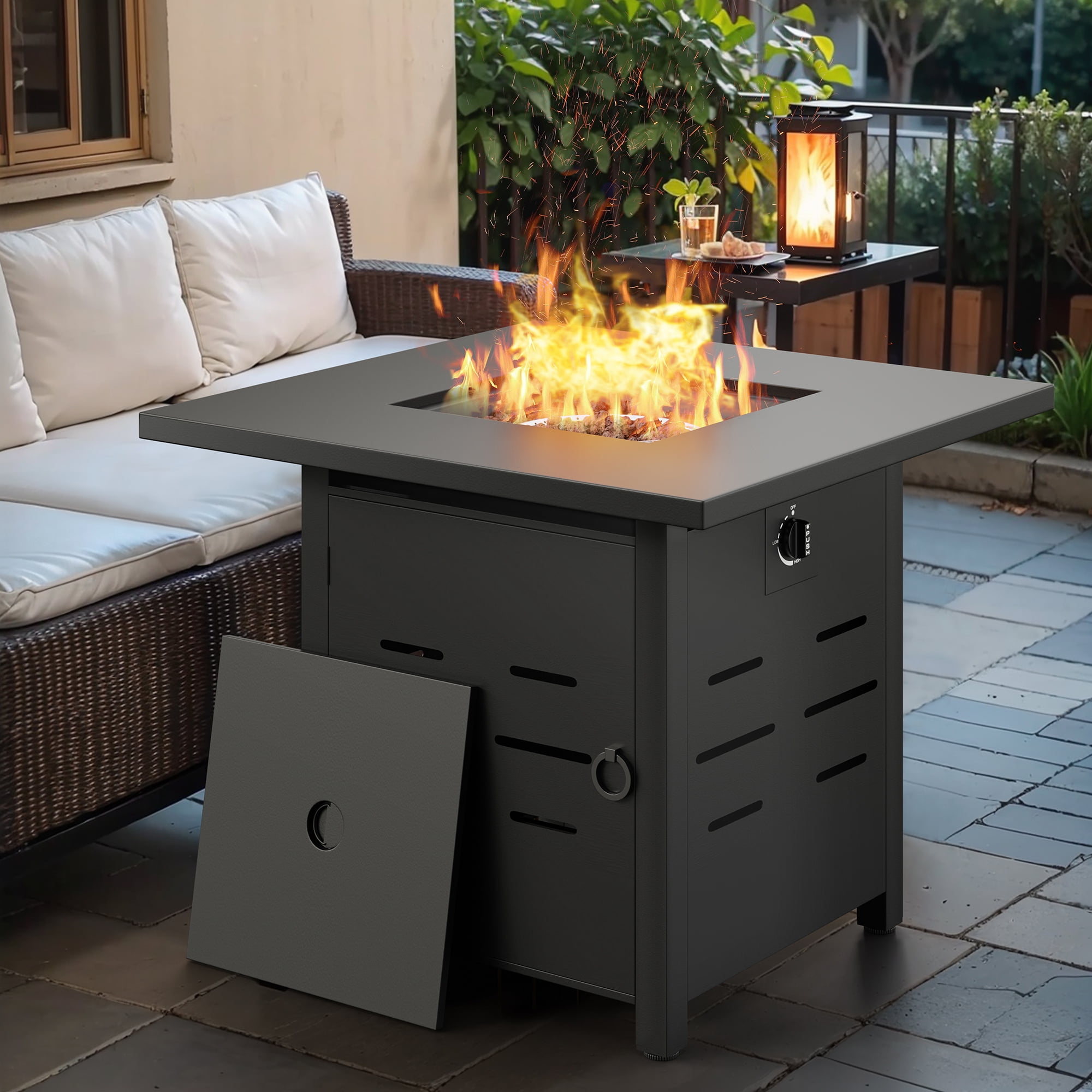 Walsunny 30" Propane Gas Fire Pit Table 50,000 BTU Square Outdoor Wicker Black
