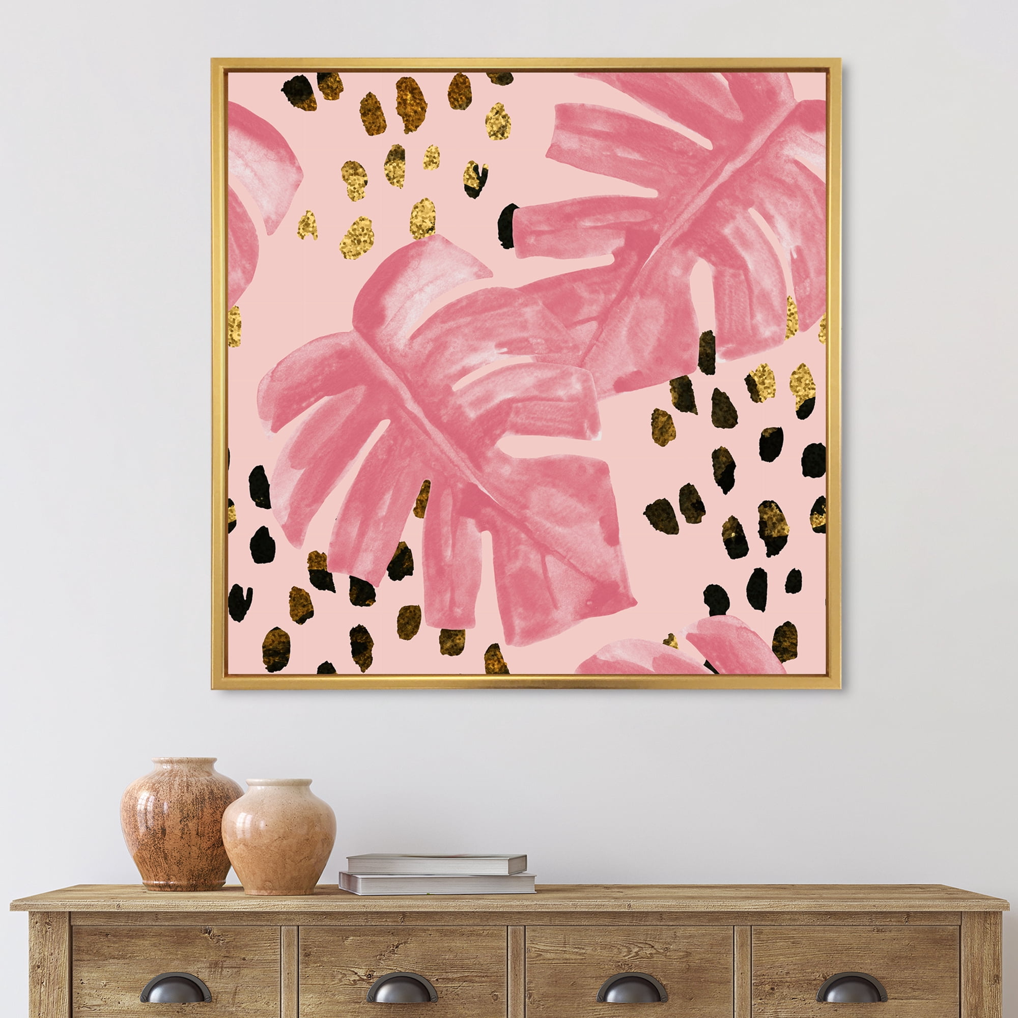Designart 'Rough Brush Strokes Pink Colored Monstera I' Tropical Framed Canvas Wall Art Print