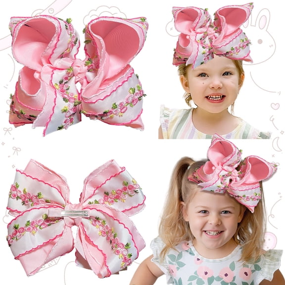 JoyBowie 1 Pcs 7.5 Inch Large Hair Bows Floral Embroidered Ruffled Design for Toddler Girls Hair Accessories