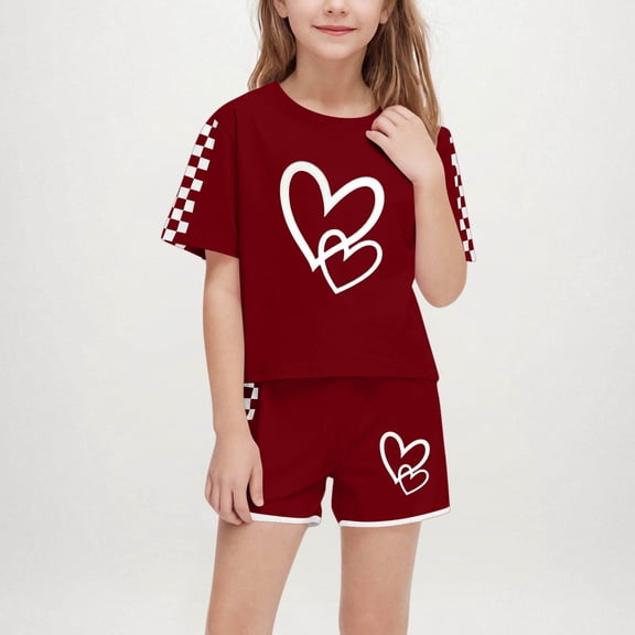 Amidoa Girls 2 Piece Outfits Summer Clothes Graphic T Shirt Short Sleeve and Casual Short Kids Clothing Sets Wine Size 5T