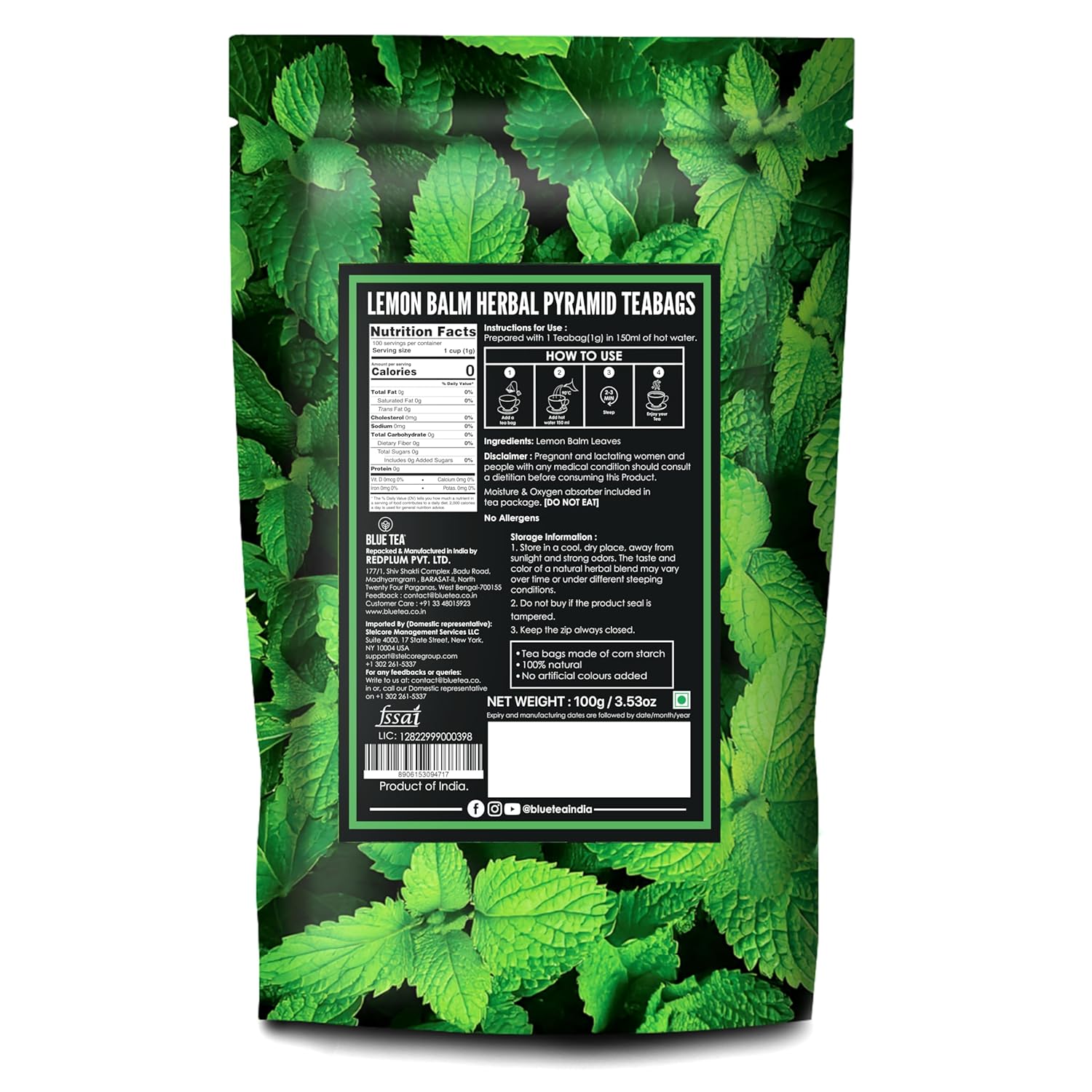 BLUE TEA Lemon Balm Tea, 100 Tea Bags, Caffeine-Free Herbal Tea, Vegan, Non-GMO